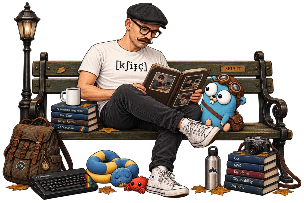 Childhood photo of Krzysztof surrounded by retro computers and electronics
