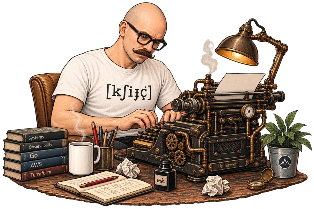 Atmospheric illustration of a writer's desk with a vintage typewriter